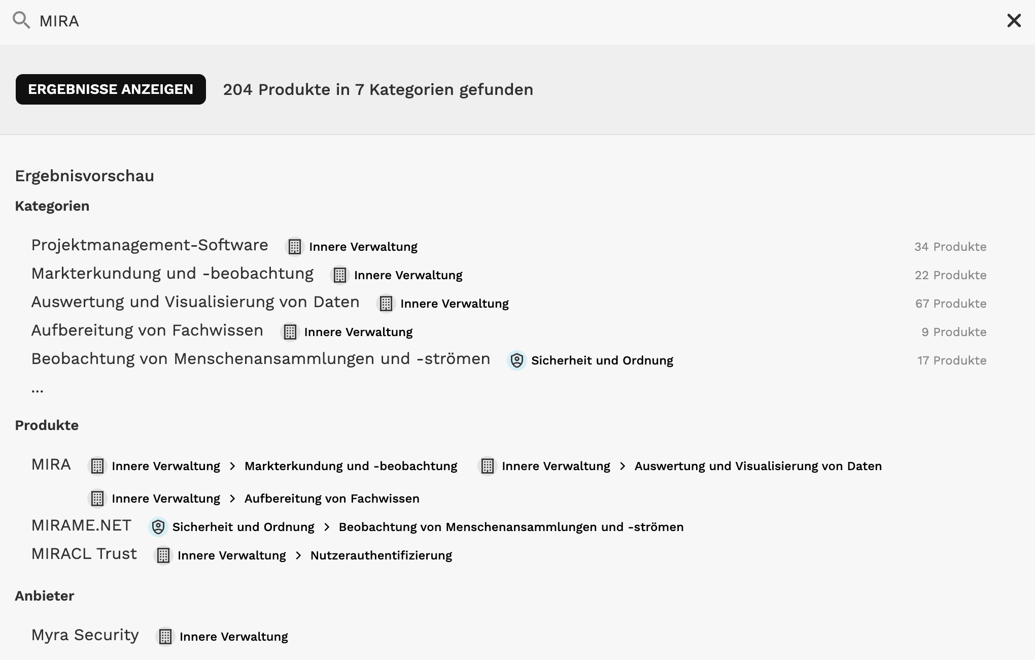 Ausschnitt Suche MIRA